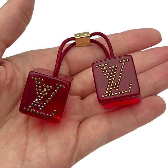 AUTH Louis Vuitton Red Lucite Rhinestone LV Logo Jumbo Hair Tie Cube Bobble - Picture 11 of 16